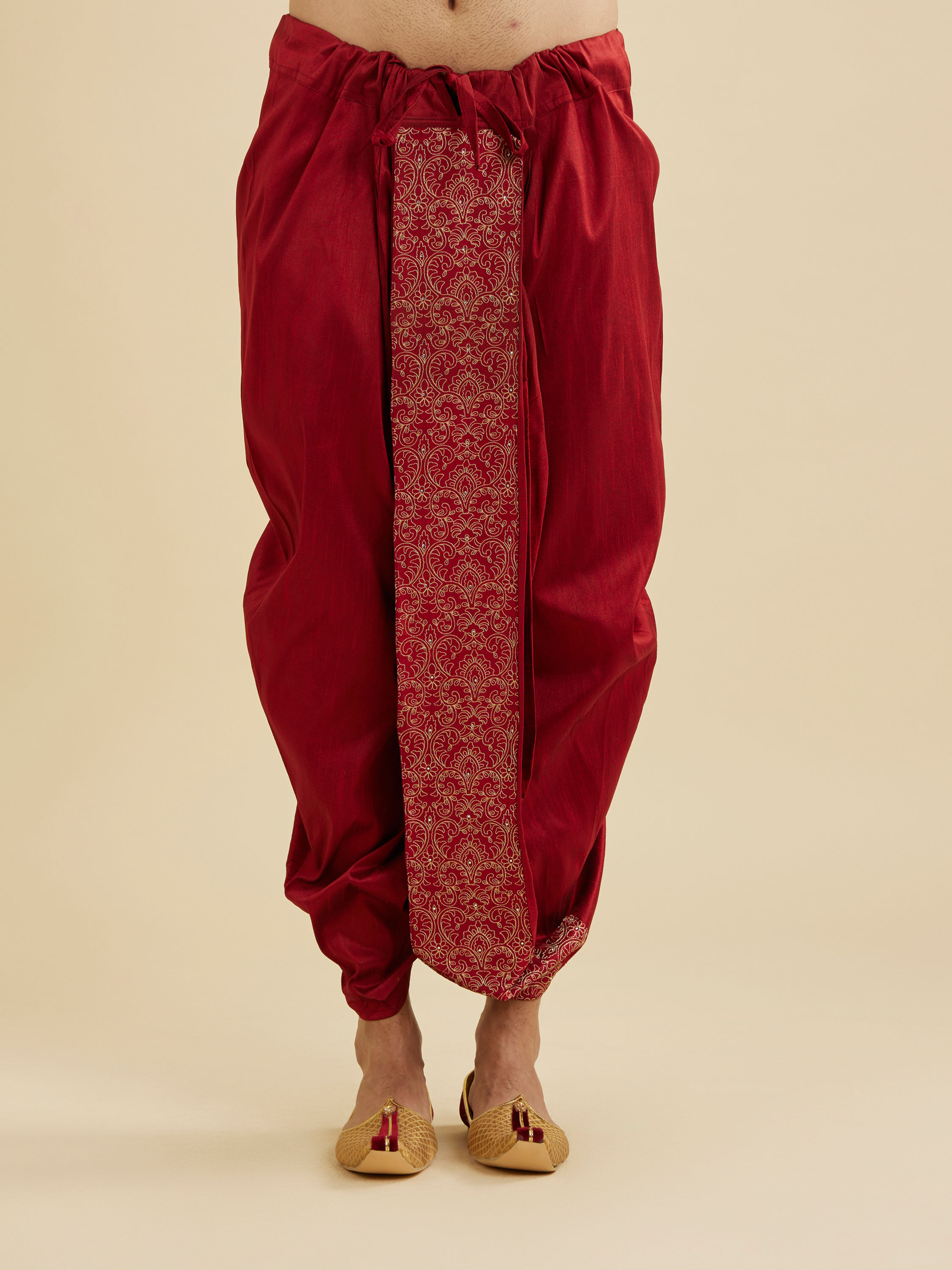 Manyavar Men Maroon Red Floral Embroidered Dhoti with Rhinestones