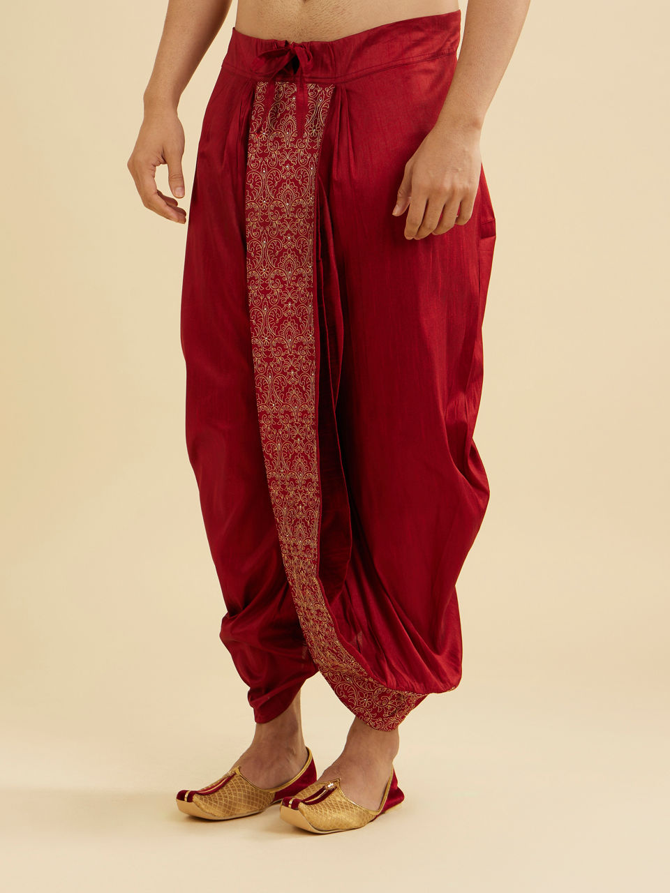 Manyavar Men Maroon Red Floral Embroidered Dhoti with Rhinestones