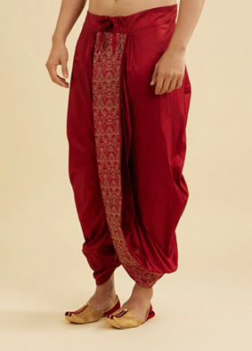 Manyavar Men Maroon Red Floral Embroidered Dhoti with Rhinestones image number 2