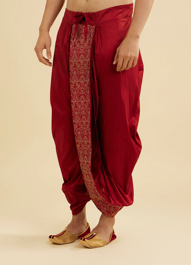 Manyavar Men Maroon Red Floral Embroidered Dhoti with Rhinestones image number 2