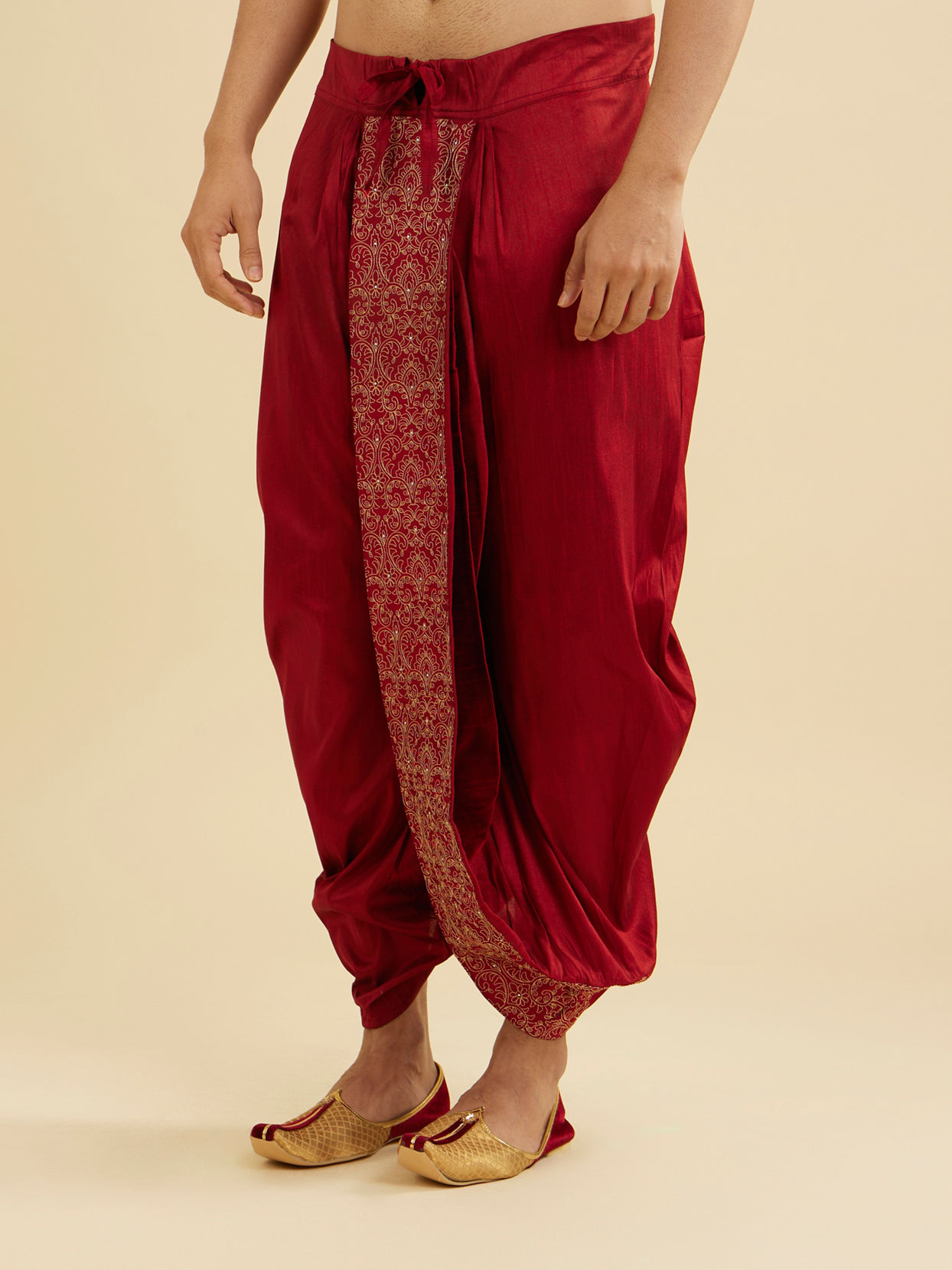 Manyavar Men Maroon Red Floral Embroidered Dhoti with Rhinestones image number 2