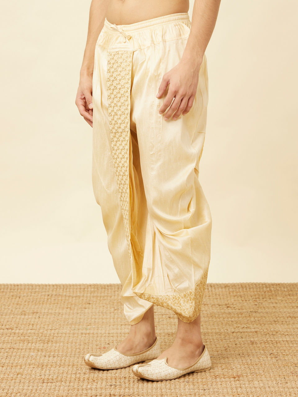 Manyavar Men Beige Floral Patterned Sequined Dhoti