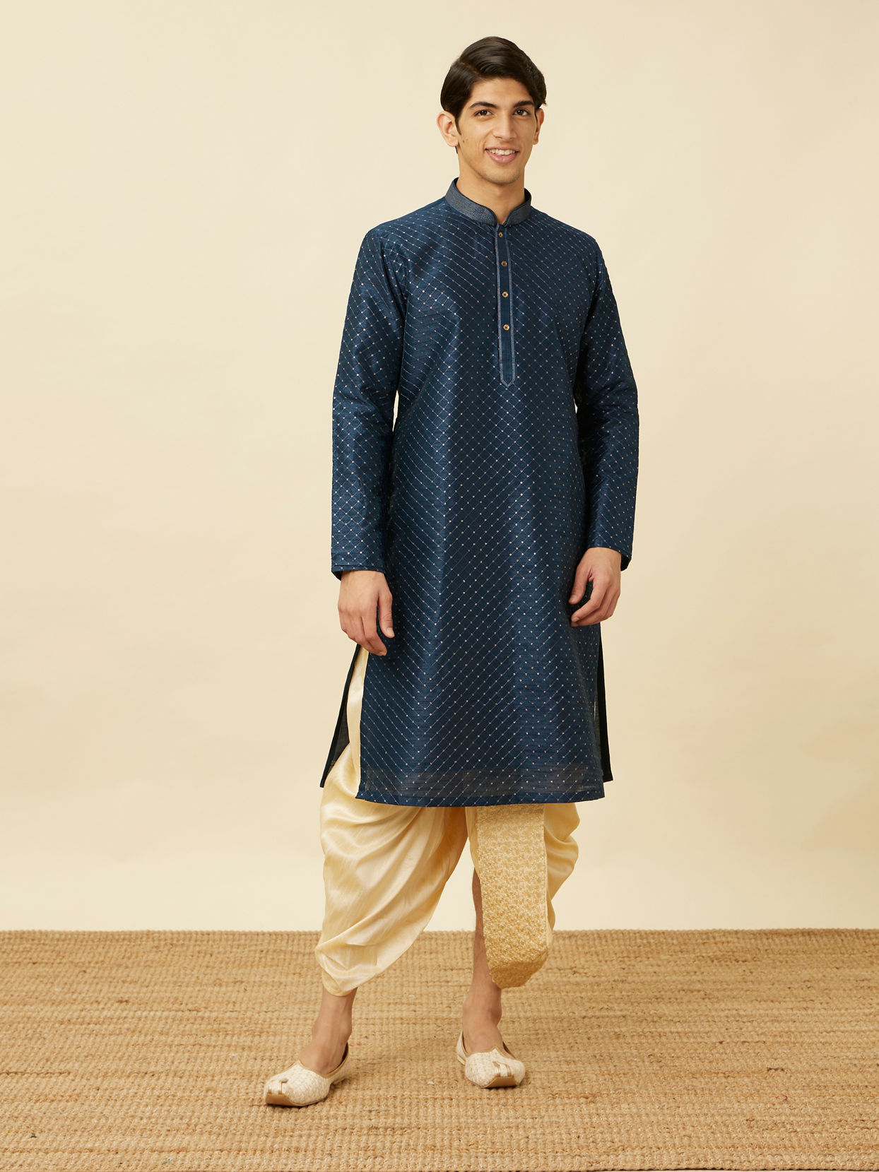 Manyavar Men Peach Floral Patterned Sequined Dhoti