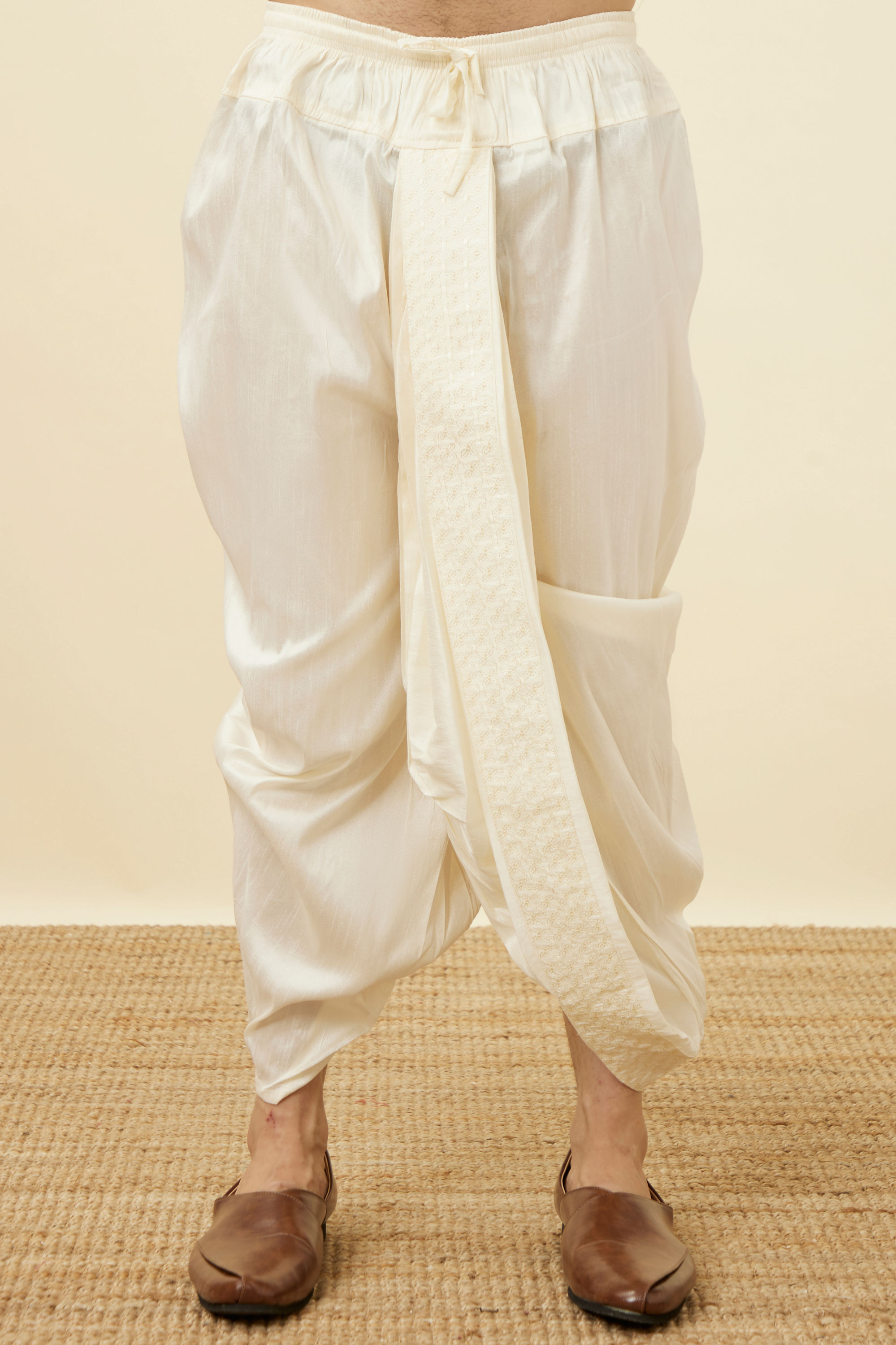 Manyavar Men Pearled Ivory White Embroidered Dhoti