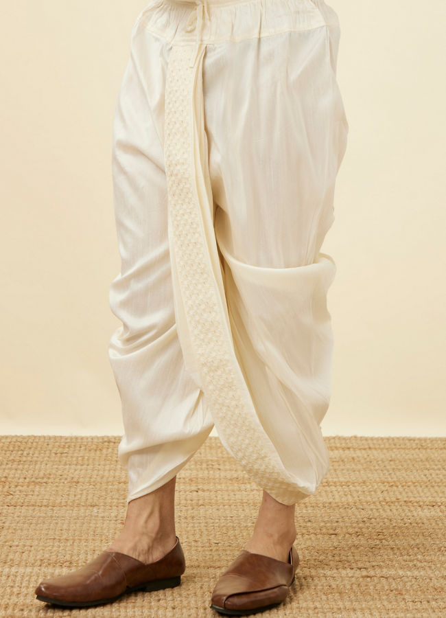 Manyavar Men Pearled Ivory White Embroidered Dhoti