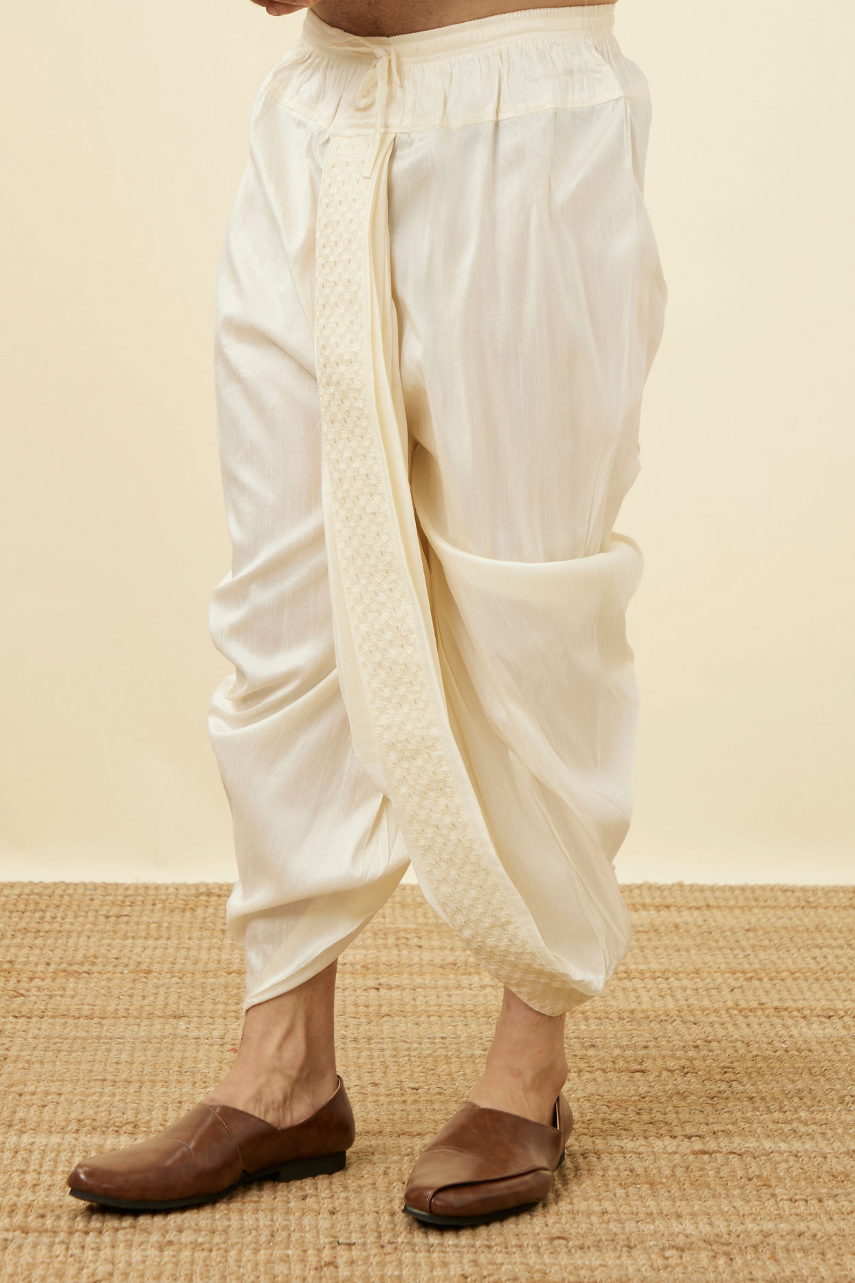 alt message - Manyavar Men Pearled Ivory White Embroidered Dhoti image number 2