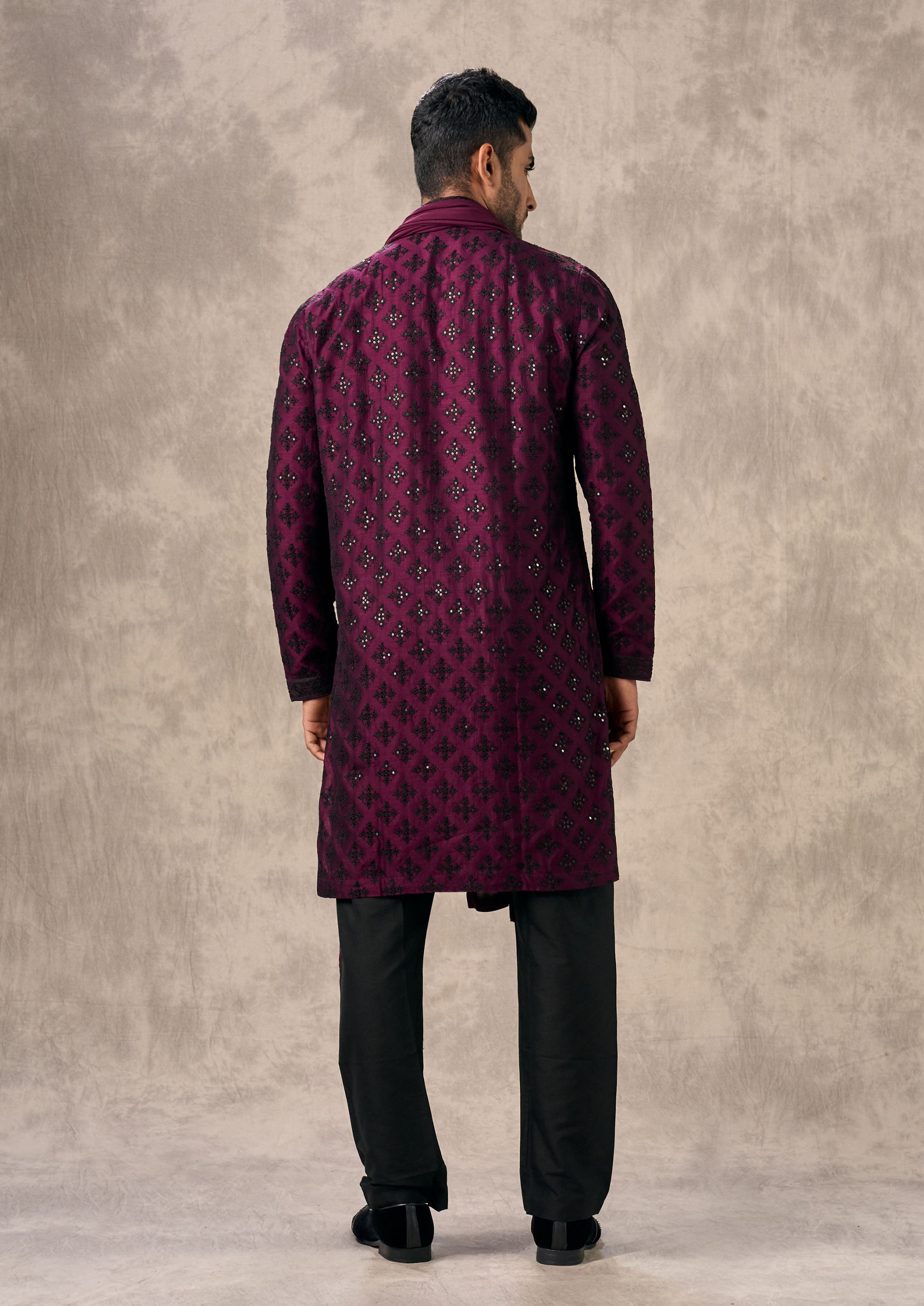 Twamev Men Glamorous Wine Kurta Churidar Set