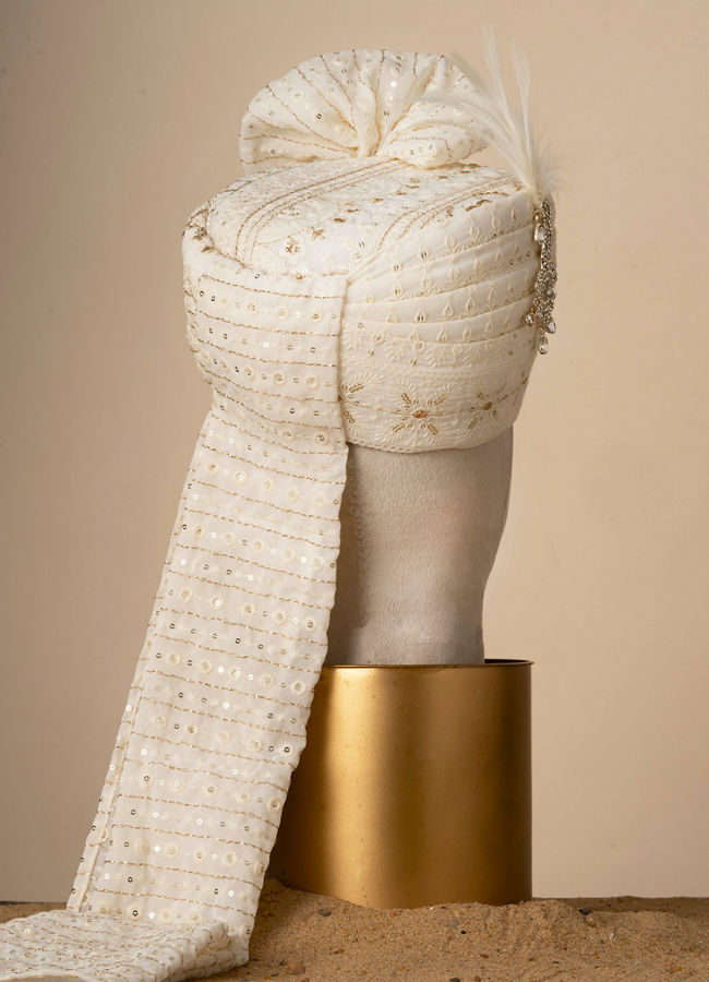 Manyavar Men Regal Satin Cream Safa