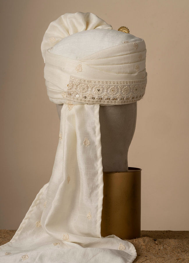 Manyavar Men Regal Cream Colored Silk Safa