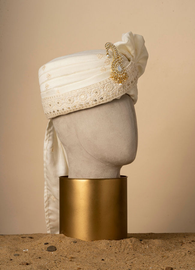 Manyavar Men Regal Cream Colored Silk Safa