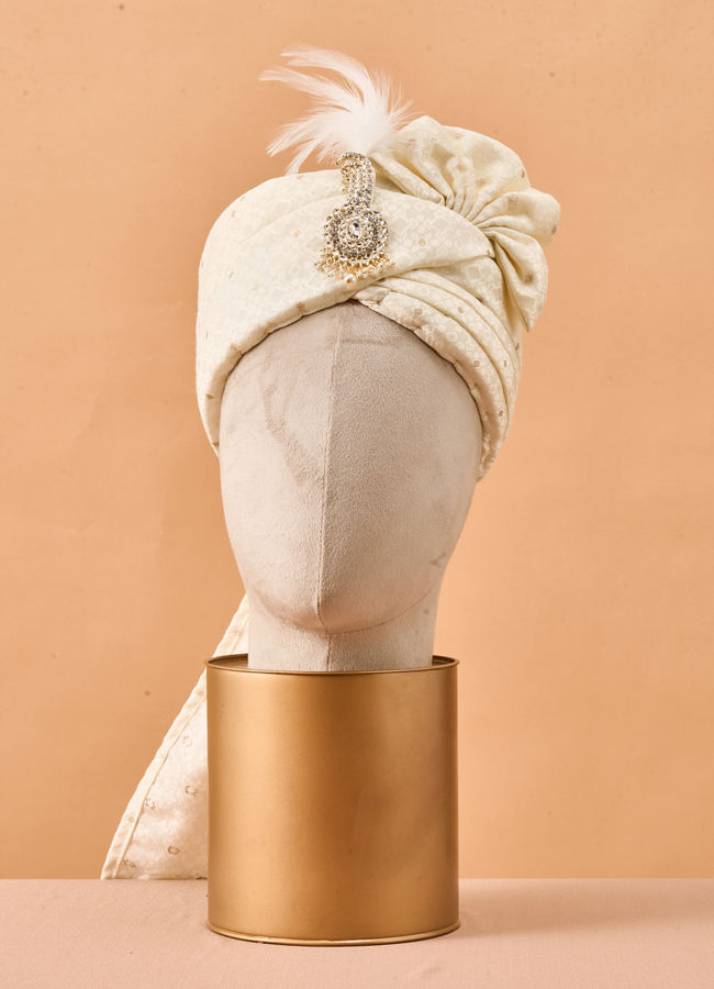 Manyavar Men Cream Art Silk Safa with Brooch