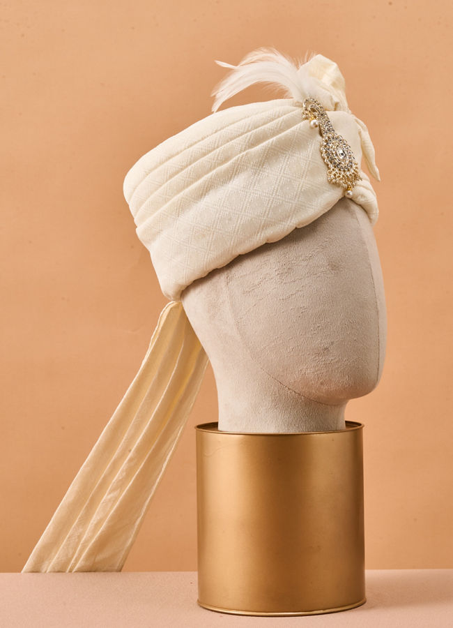 Manyavar Men Cream Art Silk Safa with Brooch