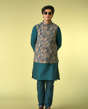 Diwas Men Teal Green Kurta Jacket Set