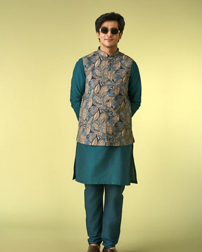 Diwas Men Teal Green Kurta Jacket Set