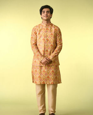 Diwas Men Vibrant Mustard Kurta Jacket Set