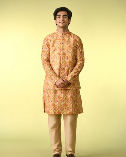 Diwas Men Vibrant Mustard Kurta Jacket Set