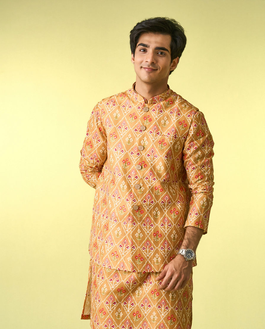 Diwas Men Vibrant Mustard Kurta Jacket Set
