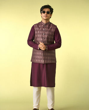 Diwas Men Wine Satin Kurta Jacket Set