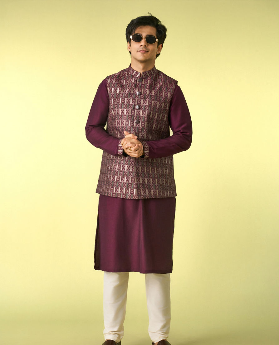 Diwas Men Wine Satin Kurta Jacket Set