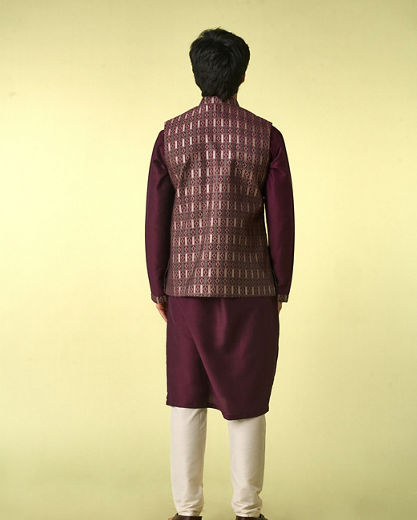 Diwas Men Wine Satin Kurta Jacket Set