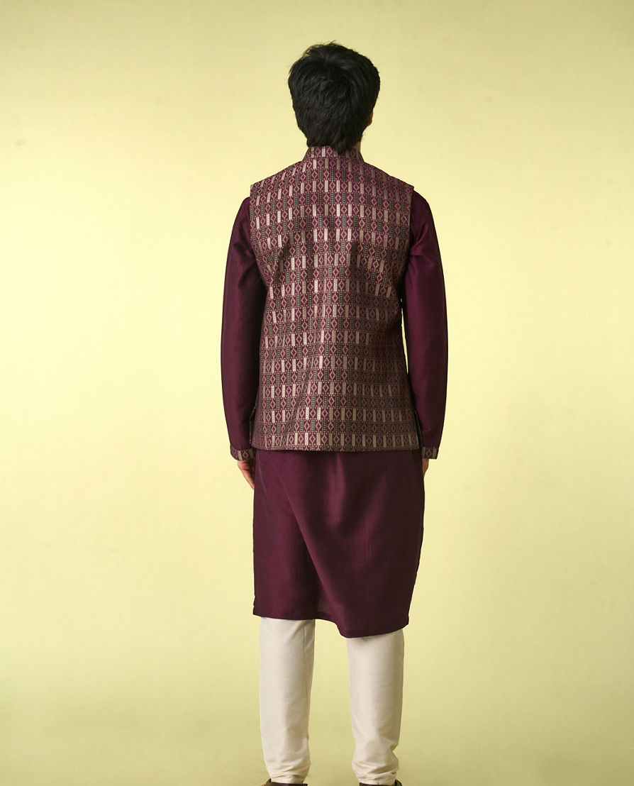 Diwas Men Wine Satin Kurta Jacket Set