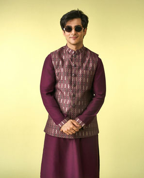 Diwas Men Wine Satin Kurta Jacket Set