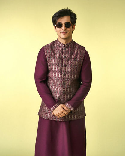 Diwas Men Wine Satin Kurta Jacket Set