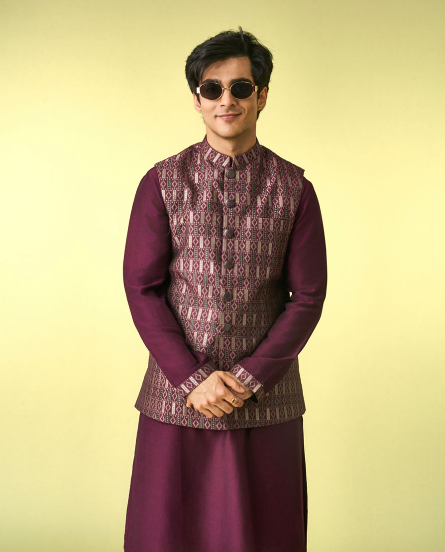 Diwas Men Wine Satin Kurta Jacket Set