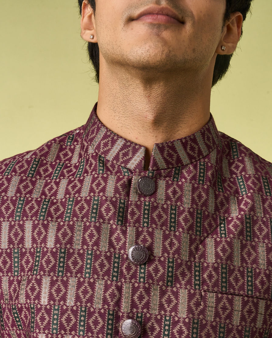 Diwas Men Wine Satin Kurta Jacket Set