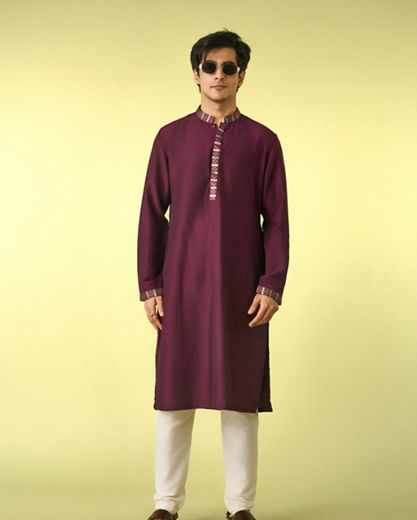 Diwas Men Wine Satin Kurta Jacket Set