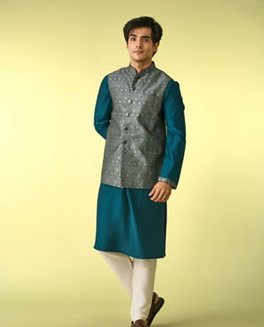 Diwas Men Teal Green Satin Kurta Jacket Set