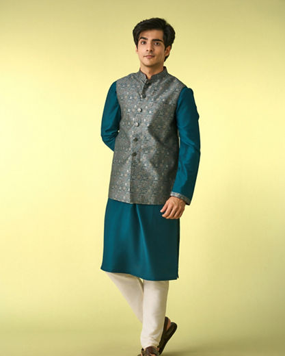 Diwas Men Teal Green Satin Kurta Jacket Set