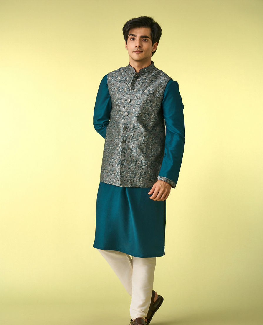 Diwas Men Teal Green Satin Kurta Jacket Set