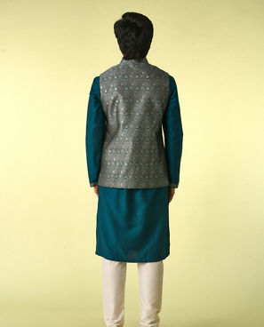 Diwas Men Teal Green Satin Kurta Jacket Set