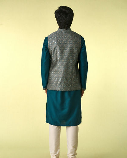 Diwas Men Teal Green Satin Kurta Jacket Set