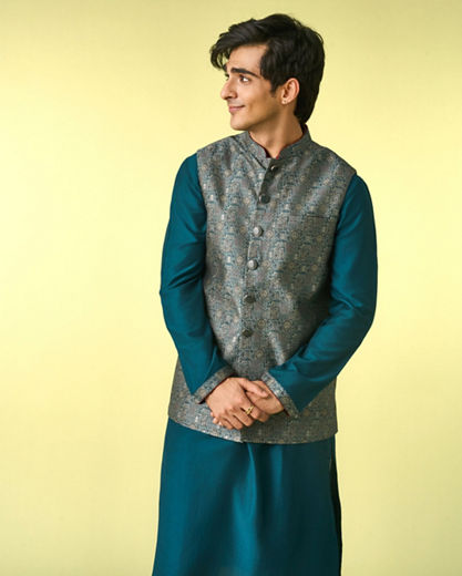 Diwas Men Teal Green Satin Kurta Jacket Set