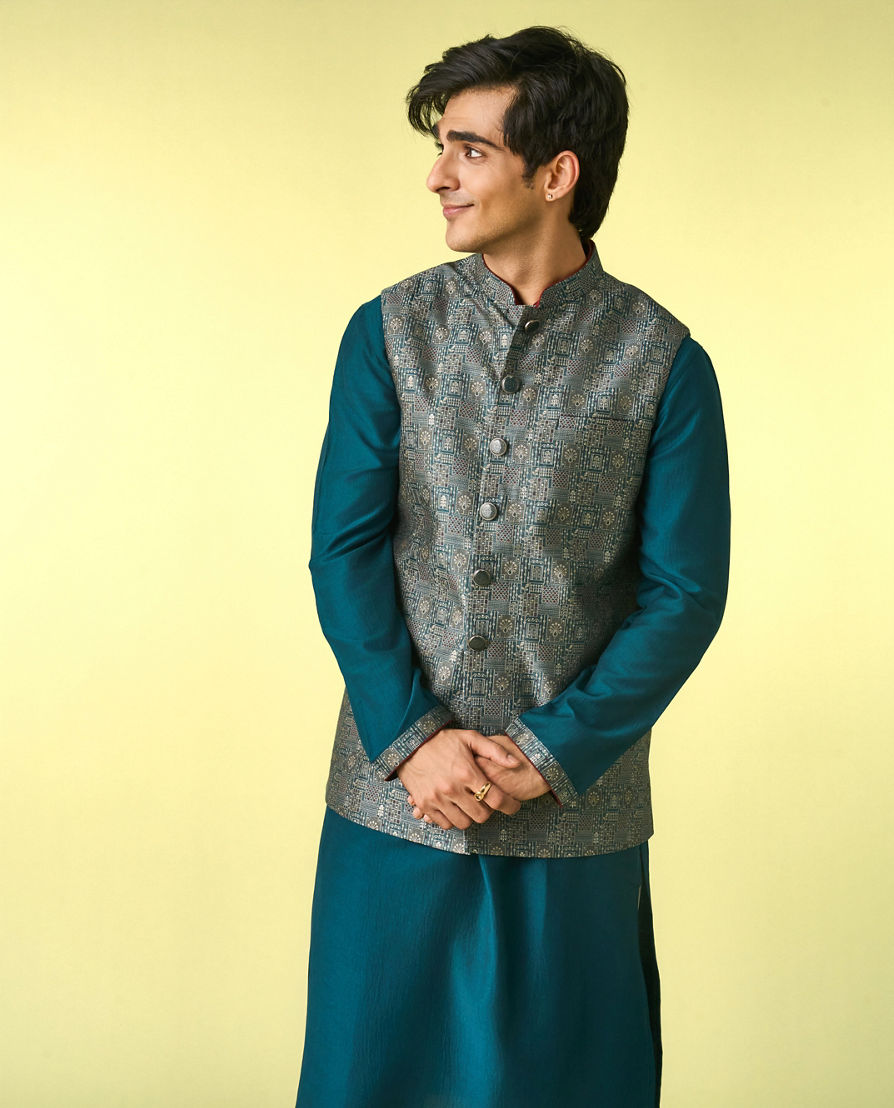 Diwas Men Teal Green Satin Kurta Jacket Set