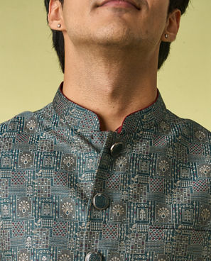 Diwas Men Teal Green Satin Kurta Jacket Set