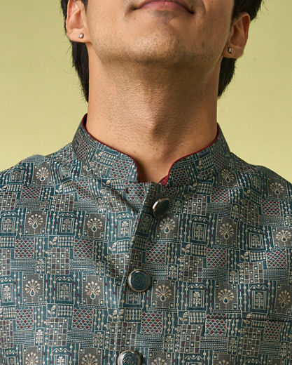 Diwas Men Teal Green Satin Kurta Jacket Set