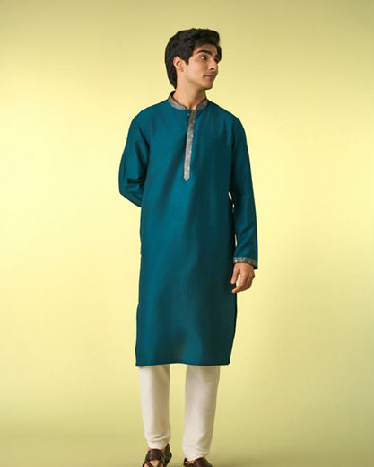 Diwas Men Teal Green Satin Kurta Jacket Set