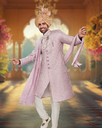 Manyavar Men Cloud Pink Self Patterned Rhinestone Embellished Sherwani Set