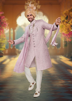 alt message - Manyavar Men Cloud Pink Self Patterned Rhinestone Embellished Sherwani Set image number 0