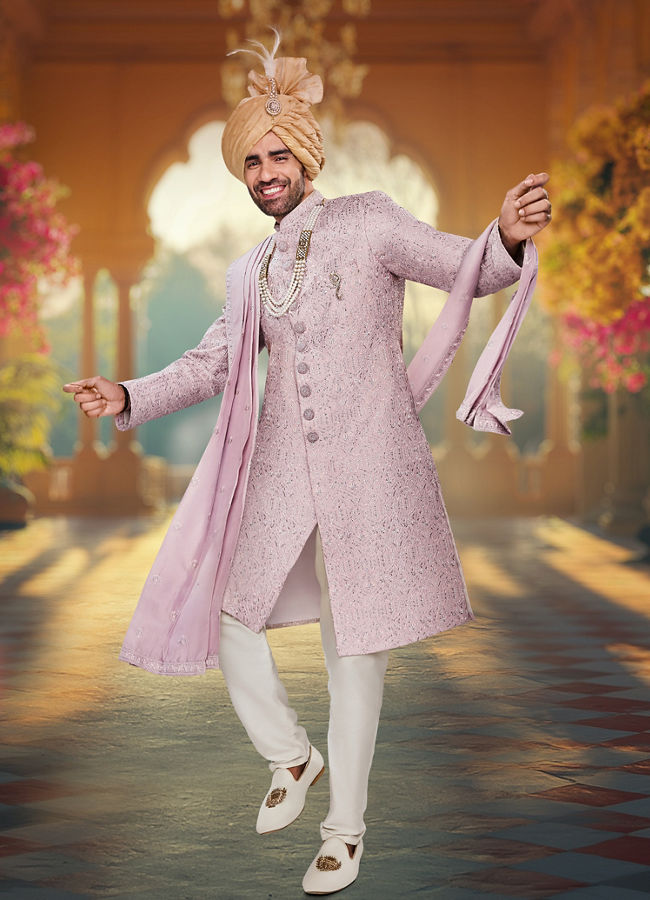 alt message - Manyavar Men Cloud Pink Self Patterned Rhinestone Embellished Sherwani Set image number 0