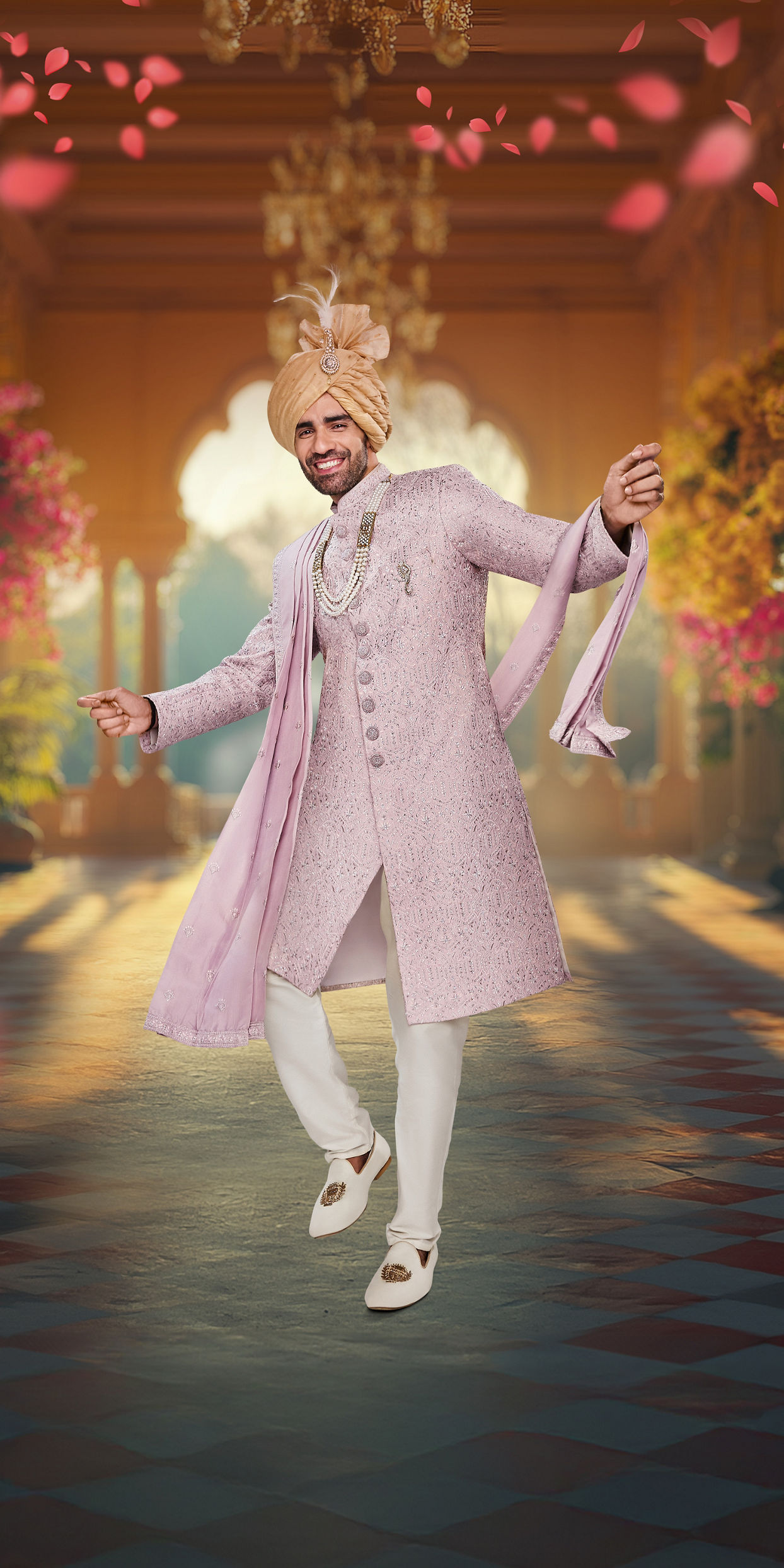 alt message - Manyavar Men Cloud Pink Self Patterned Rhinestone Embellished Sherwani Set image number 0