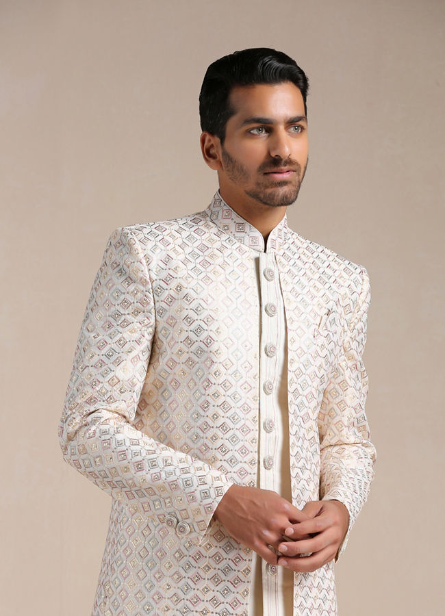 Buy Cream Geometric Patterned Achkan Style Sherwani Set Online in India ...