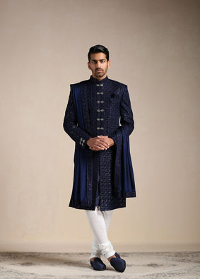Manyavar Men Royal Blue Sequined Sherwani Set