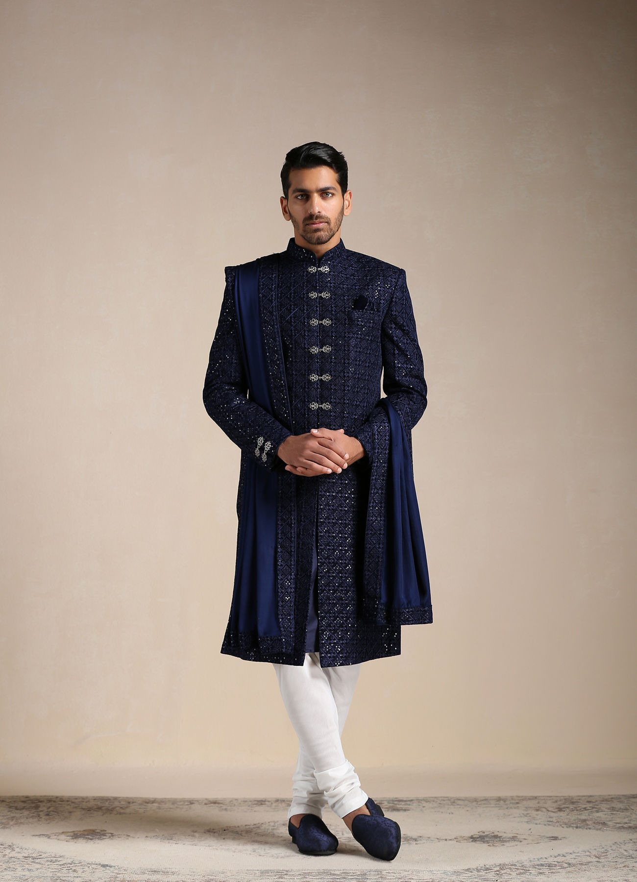 Manyavar Men Royal Blue Sequined Sherwani Set