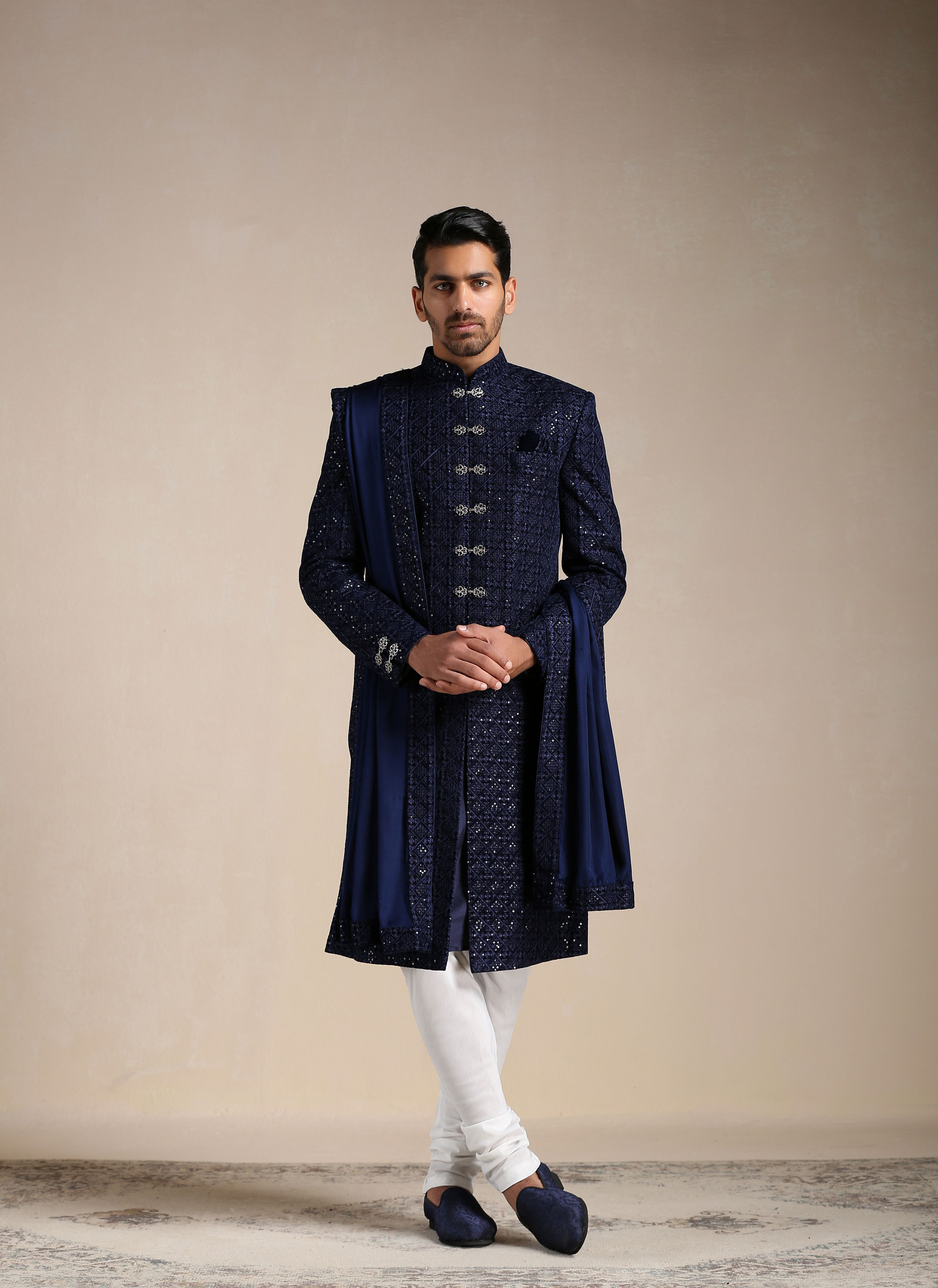 Manyavar Men Royal Blue Sequined Sherwani Set