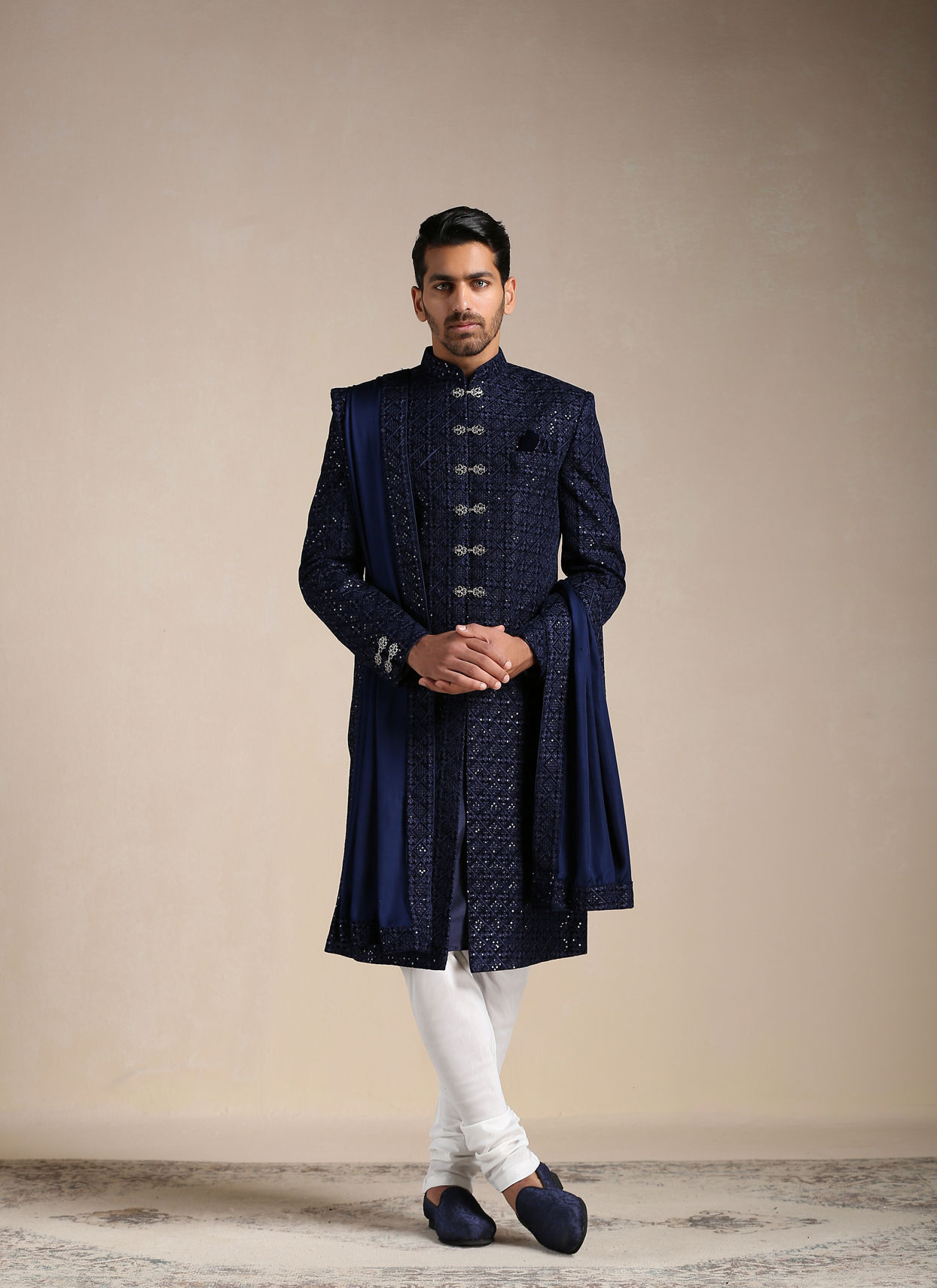 alt message - Manyavar Men Royal Blue Sequined Sherwani Set image number 1