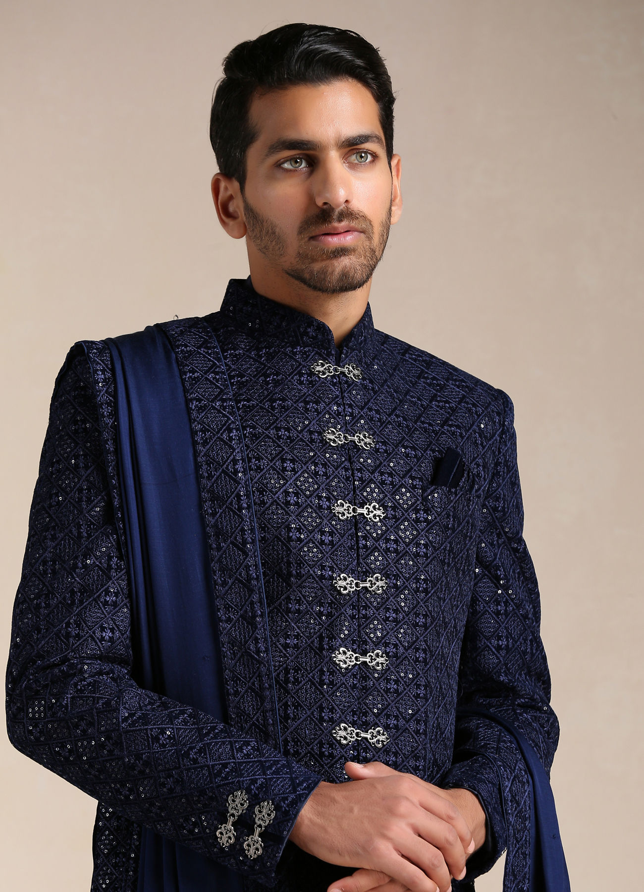 Manyavar Men Royal Blue Sequined Sherwani Set